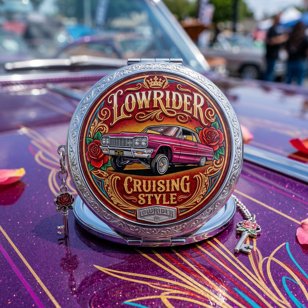 Round metal plaque with a pink lowrider car, roses, and text 'LOWRIDER CRUISING STYLE' on purple car hood