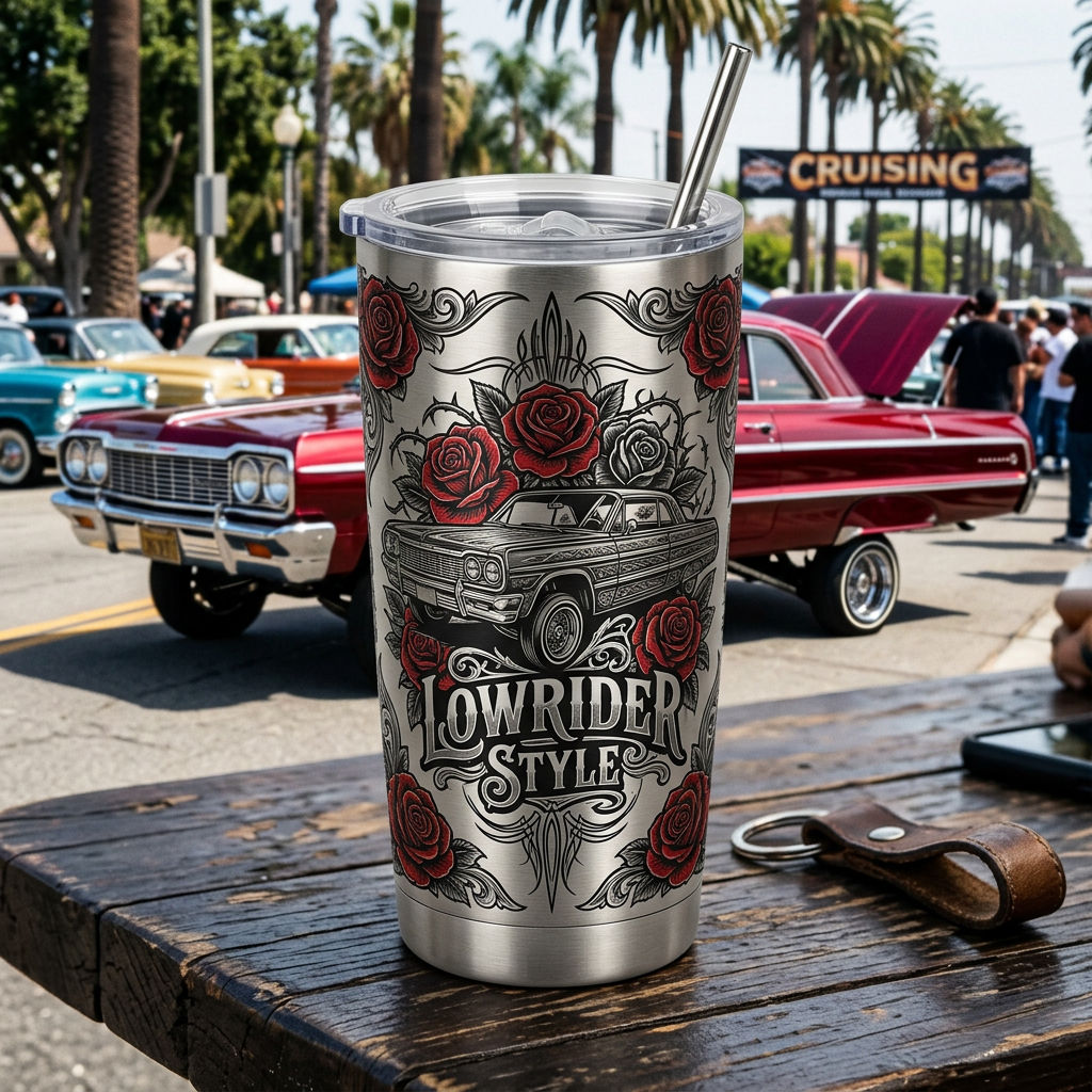 Tumbler with Lowrider Style graphic featuring classic car and roses