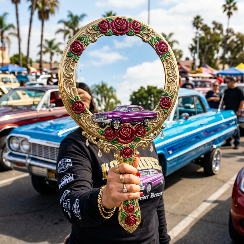 Hand mirror decorated with a purple lowrider car and red roses held in front of a blue lowrider car at an outdoor car event