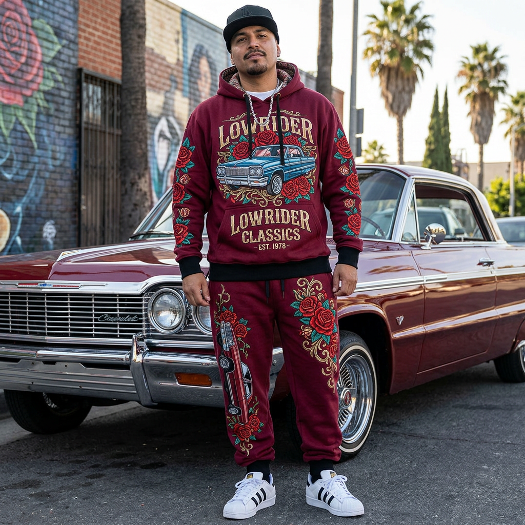Man wearing maroon lowrider classics hoodie and pants standing in front of a maroon Chevrolet classic car