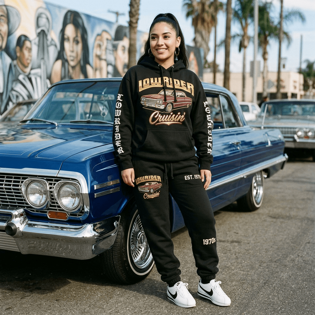 Young woman wearing black lowrider hoodie and sweatpants standing next to a blue classic lowrider car