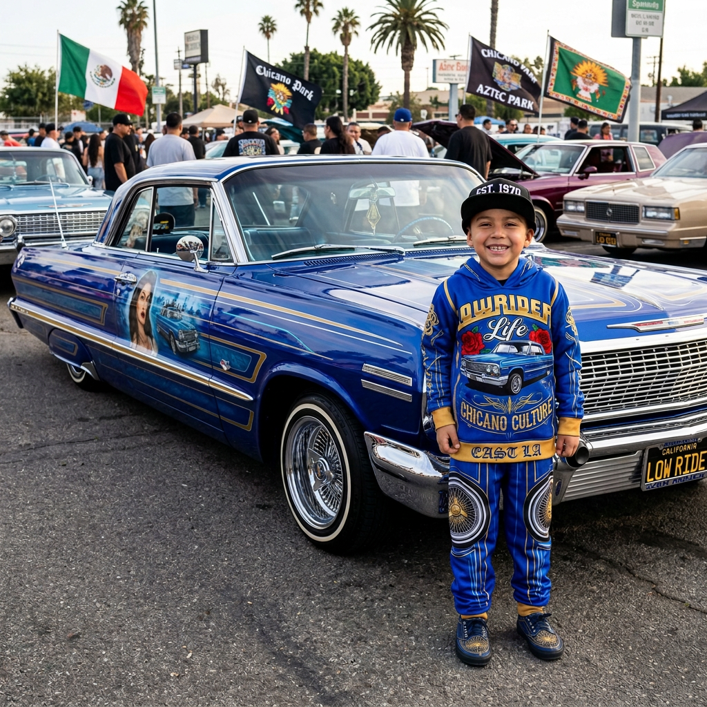 Smiling boy in lowrider-themed outfit standing beside a blue customized lowrider car with artwork