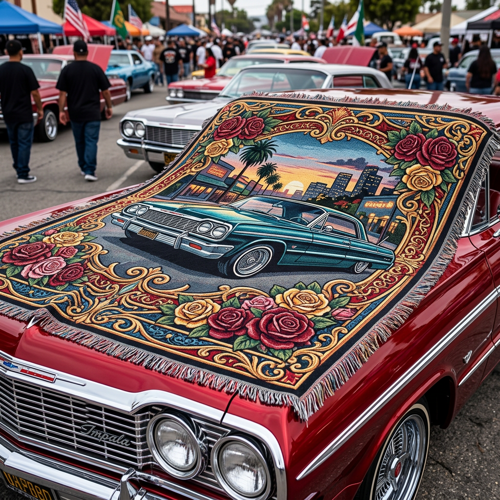 Tapestry depicting a teal classic car surrounded by roses on a red car hood